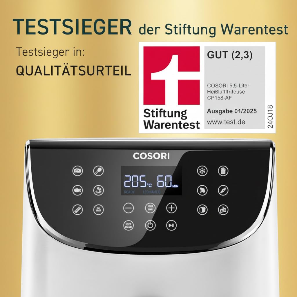 COSORI Heißluftfritteuse, Airfryer Testsieger 2024, 11-in-1 Air Fryer 5,5L, Heissluftfritteuse mit Shake-Reminder, 97,3 Prozent ölsparend, 67,5 Prozent energiesparend, spülmaschinenfest Körbe, Weiß 2