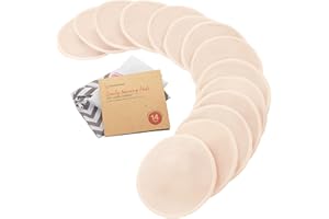 Organic Bamboo Nursing Pads - 14 Washable Breastfeeding Pads, Wash Bag, Reusable Breast Pads for Breastfeeding, Nipple Pads f