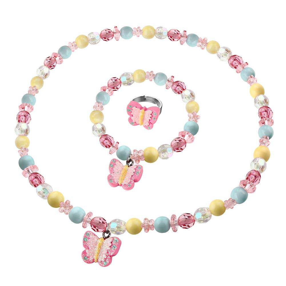 Butterfly Stretch Necklace Little Girl Toddler Necklace Bracelet Set, Little Princess Jewelry Kids Play Necklaces Butterfly Rings for Kids