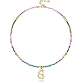 YOUFENG Beaded Initial Necklace for Women 14K Gold Plated Bamboo Letter Pendant Rainbow Gemstone Choker Colorful Summer Beach Handmade Jewelry Gift