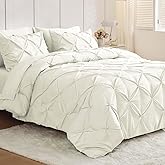 JOLLYVOGUE Queen Comforter Set 7 Pieces - Bed in a Bag Queen for All Season, Pintuck Bedding Comforter Sets with Comforter, Flat Sheet, Fitted Sheet and Pillowcases & Shams, Ivory