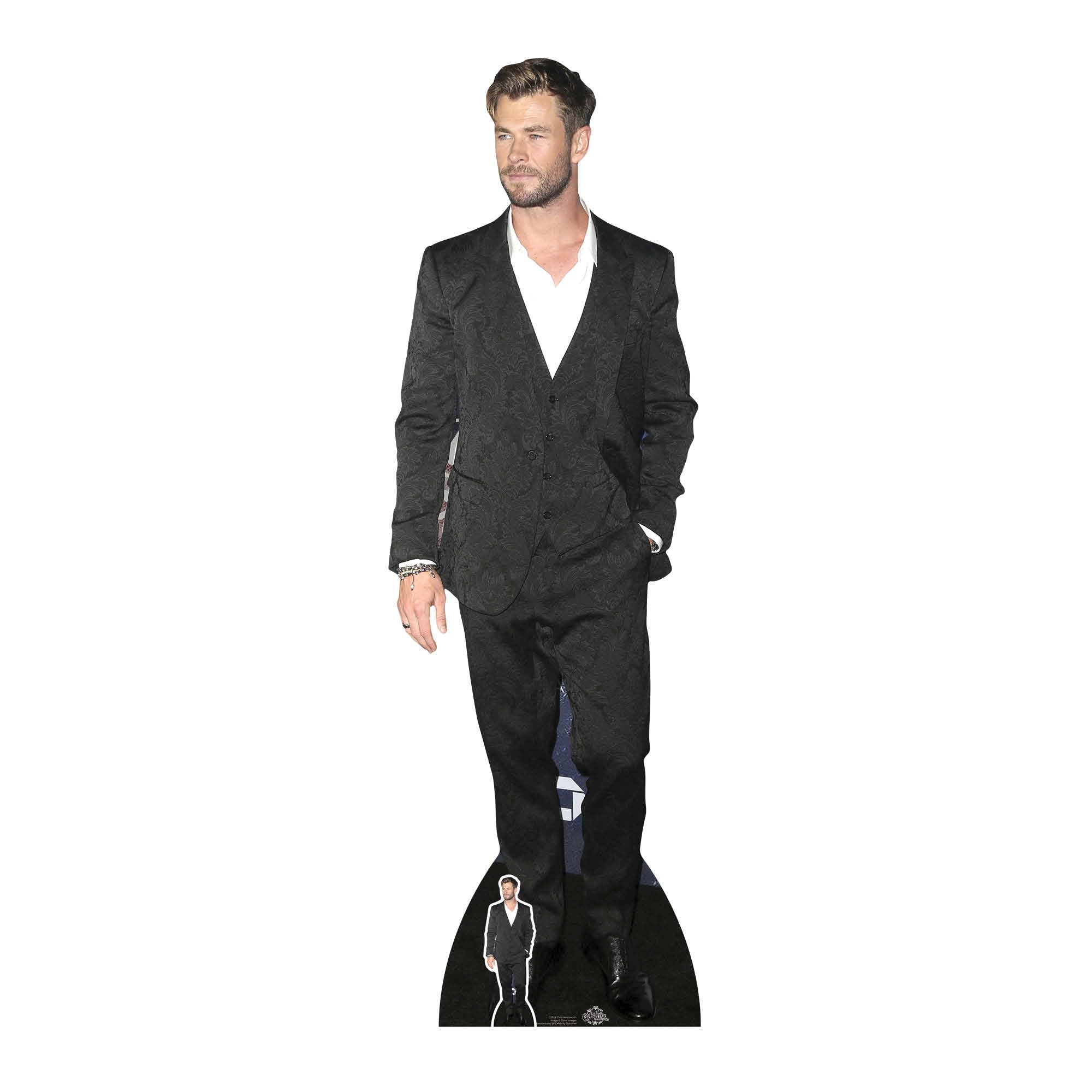 CS858 Chris Hemsworth White Shirt Lifesize Cardboard Cutout with Free Mini Standee Perfect Photo Gift for The Home, Fans, Collectors, Family and Friends
