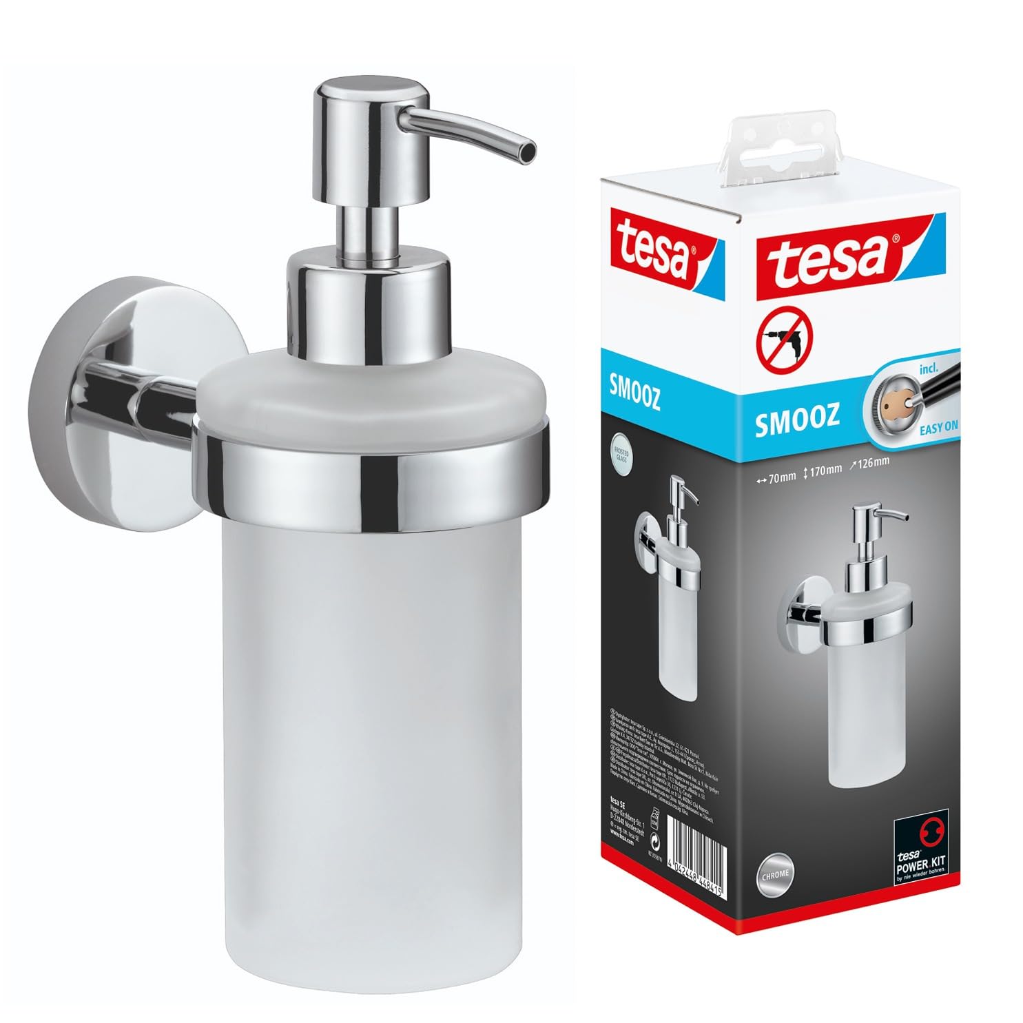 tesa® Smooz soap Dispenser, high Gloss Chromed Metal, self-Adhesive, Adhesive mounting Technology, 170mm x 70mm x 126mm