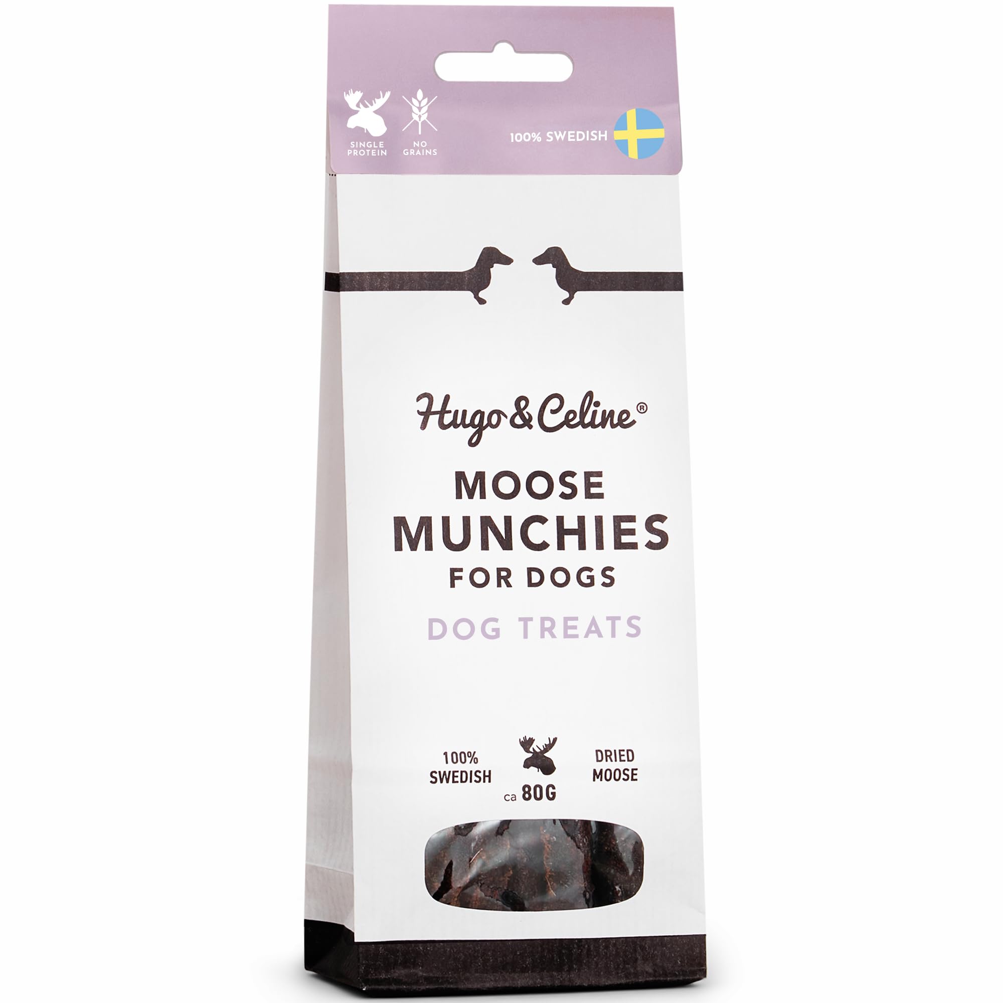 Hugo & Celine Moose Munchies Dog Treats -100% Swedish Wild Moose, Unique Single Protein Source, Natural, Healthy, Grain Free, Low Fat Treat. For Puppies, Small, Medium and Large Dogs. 80g