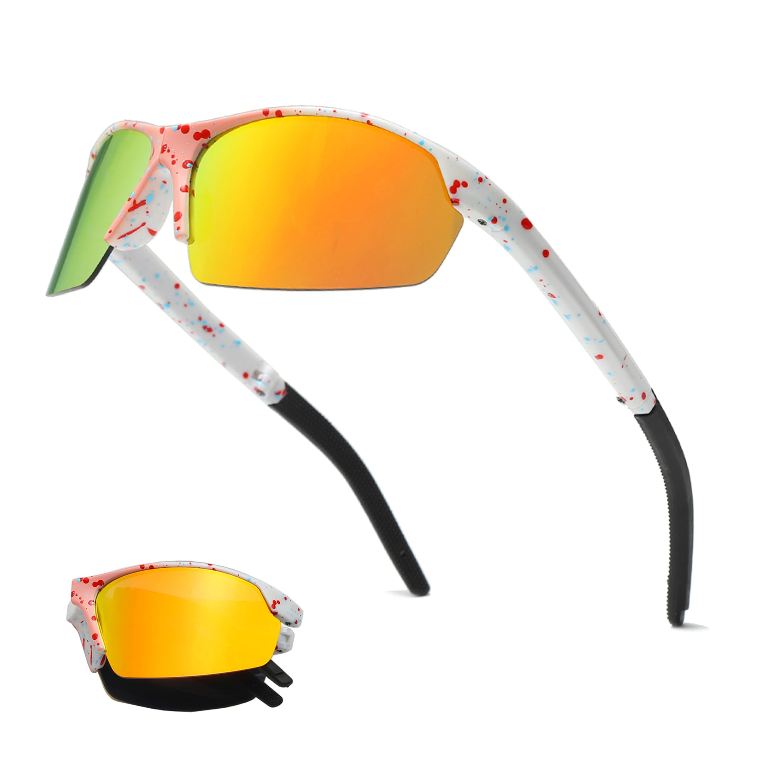 Long Keeper Foldable Sports Sunglasses for Men Women Youth Sports Running Glasses Windproof Cycling Goggles Softball Baseball Glasses UV Protection Shades (White Pink Frame Red Mirrored Lens)