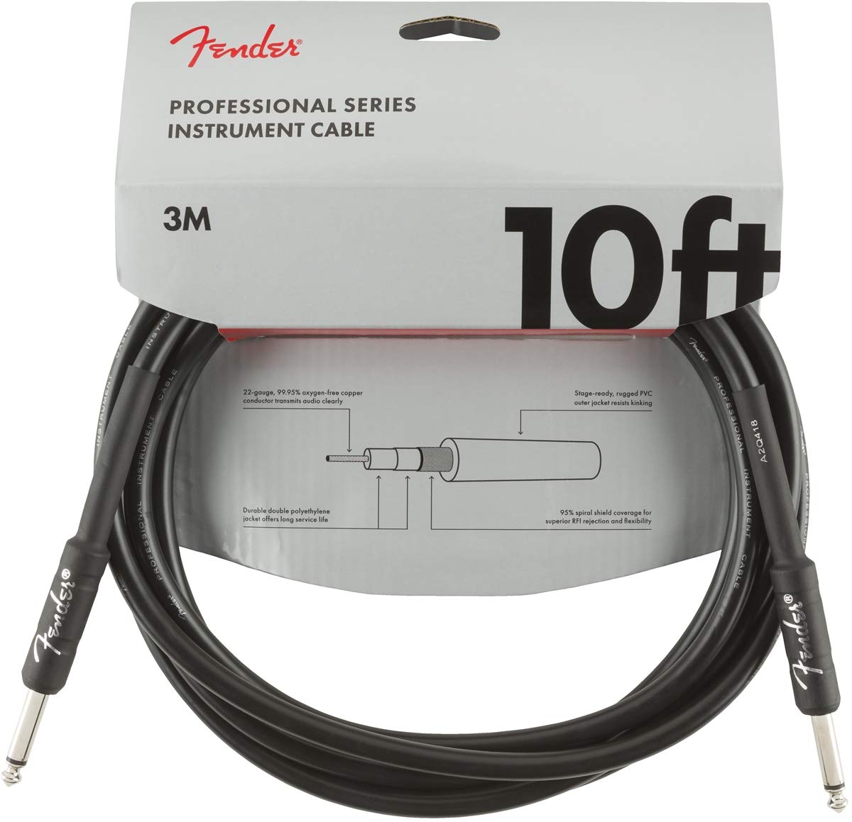 Fender Professional Series Instrument Guitar Cable, 10ft / 3m, Straight, Black