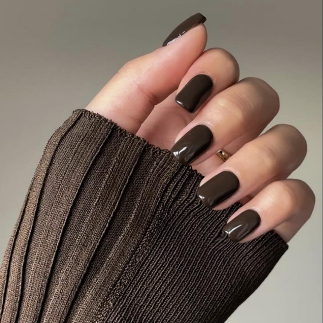 Deep Brown Press on Nails Short,KXAMELIE False Nails Short Square Nails Press ons,Acrylic Nails Glue on Nails Set,Stick on Nails for Women Fake Nails for Girls Daily Wear in 24PCS - Image 4