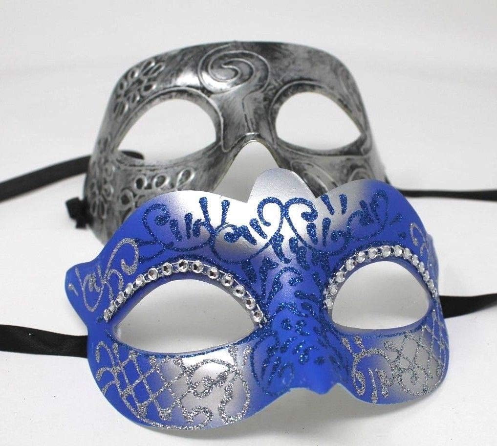 HIS N HERS PAIR OF CO-ORDINATED SILVER & BLUE COUPLES VENETIAN MASQUERADE CARNIVAL PARTY BALL EYE MASKS, Silver Blue, 8cm deep - Image 4