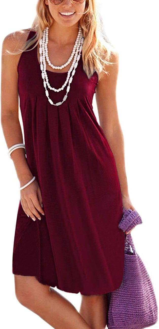 Women's Casual Summer Tank Sleeveless Knee Length Pleated Sun Dresses with Pockets