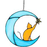 Zedesey Stained Glass Cat on Moon Pick Star Window Hanging Suncatchers Memorial Gift Decor for Women (Orange Cat on Blue Moon)