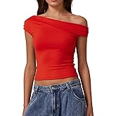 QINSEN Womens Twisted Off The Shoulder Tops Double Lined Short Sleeve T Shirts Slim Fitted Stretchy Tee
