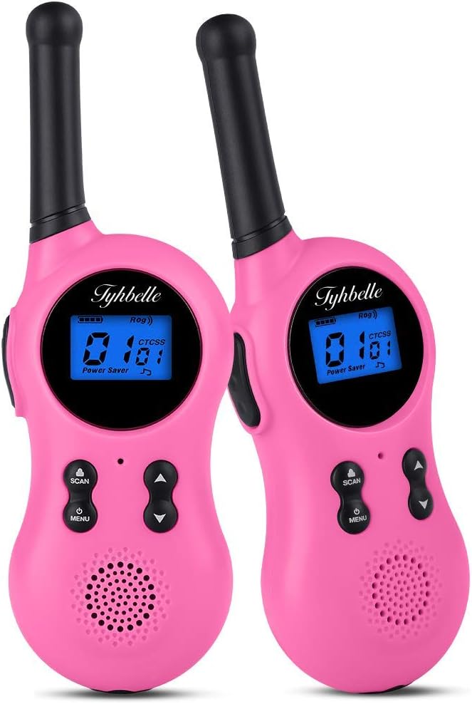 Tyhbelle Set of 2 Kids Walkie Talkies Boys and Girls Gifts 3km Long Distance 8 Channels Two-Way Radio Communication with Backlit LED Tourch for Outdoor Camping Field Survival Hiking (Pink- With Cable)