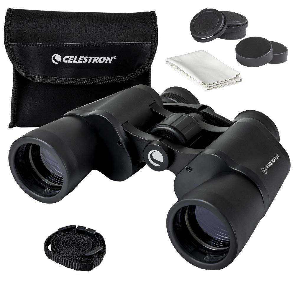 Celestron 72358 LandScout 8x40mm Water-Resistant Porro Prism Binoculars with Rubber Grip Surface, Coated Lens, K9 Optical Glass, Neck Strap and Soft Carry Case, Black