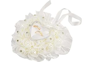 AUEAR, White Wedding Ring Holder Pillow Heart Shape Lace Rose Flower Rhinestone Crystal Box for Ceremony