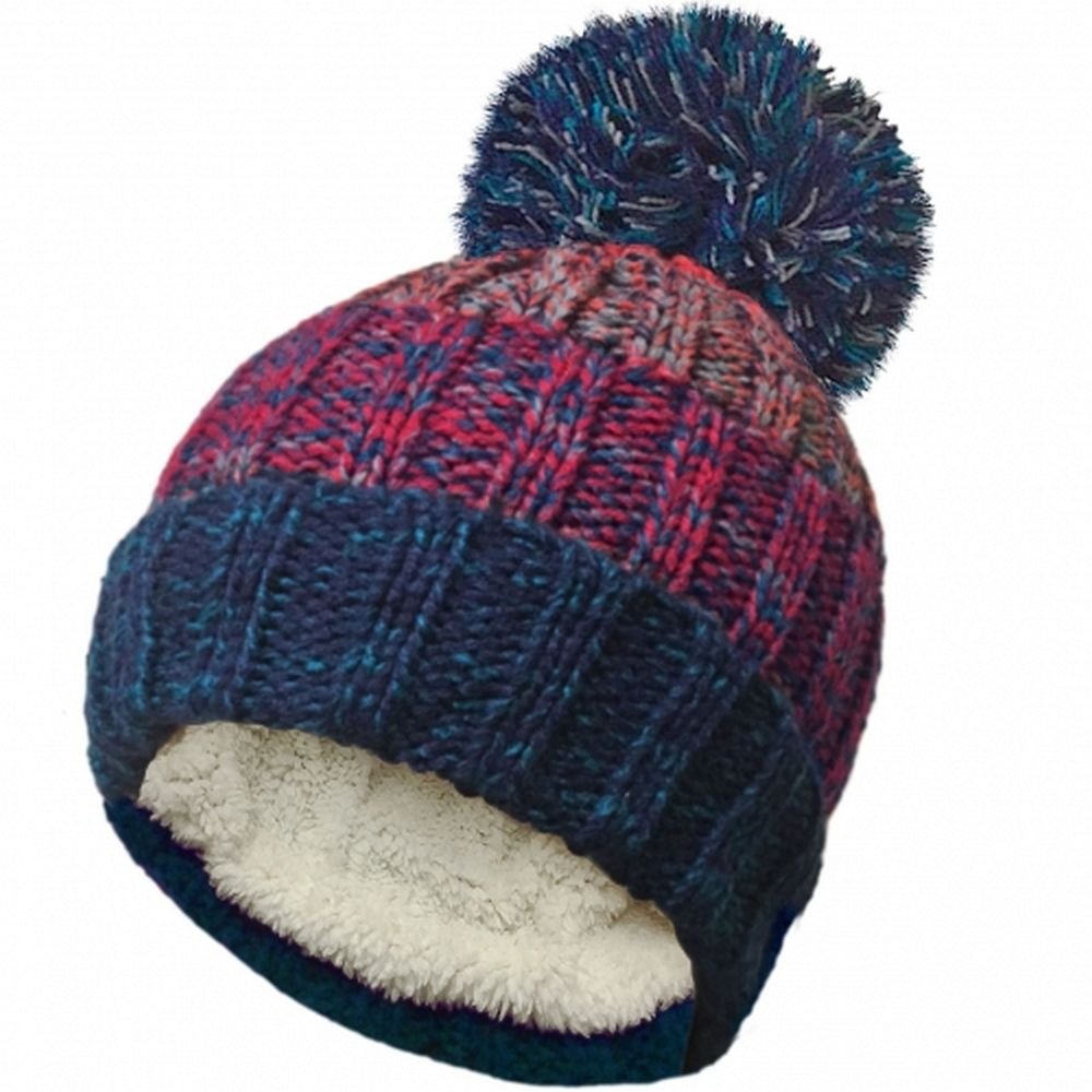 RockJock Unisex Cable Knitted Stripe Ski Hats with Large Pom Pom (Blue/Pink)