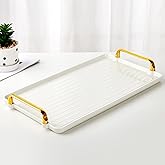 DUJUST Porcelain Serving Tray with Golden Handles, Modern Nordic Style Coffee Table Tray, Beautiful Tea Tray Decor for Living Room, Easy to Use & Clean