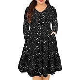 CARCOS Plus Size Dresses for Curvy Women Crew/Vneck Long Sleeve Dresses Ladies Knee Long Fall Winter Dress with Pocket XL-5XL