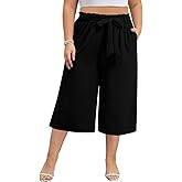 Lastshe Women's Plus Size Capri Pants Wide Leg High Waisted Summer Capris Loose Adjustable Cropped Palazzo Trousers