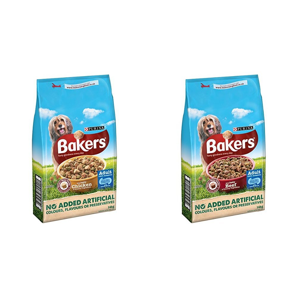 Bakers Adult Dog Food Chicken and Veg, 14 kg with Bakers Adult Dog Food Beef and Veg, 14 kg Bundle