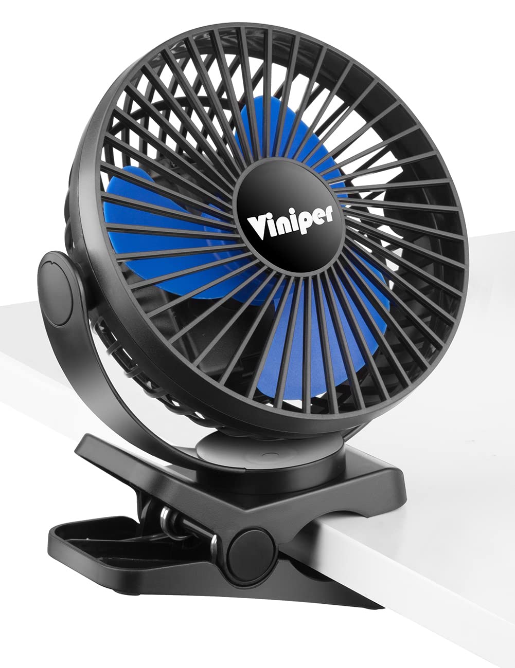 Viniper 6 inch Rechargeable Clip on Fan, 5000mah Battery Desk Fan : 360° Rotation & 3 Speeds Strong Wind Portable Fan, 8-30 Working Hours, Quiet and Powerful (Black,blue)