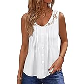 Womens Tank Tops Dressy Casual Summer Lace Sleeveless V Neck Tee Shirts Pleated Front Buttons Blouses