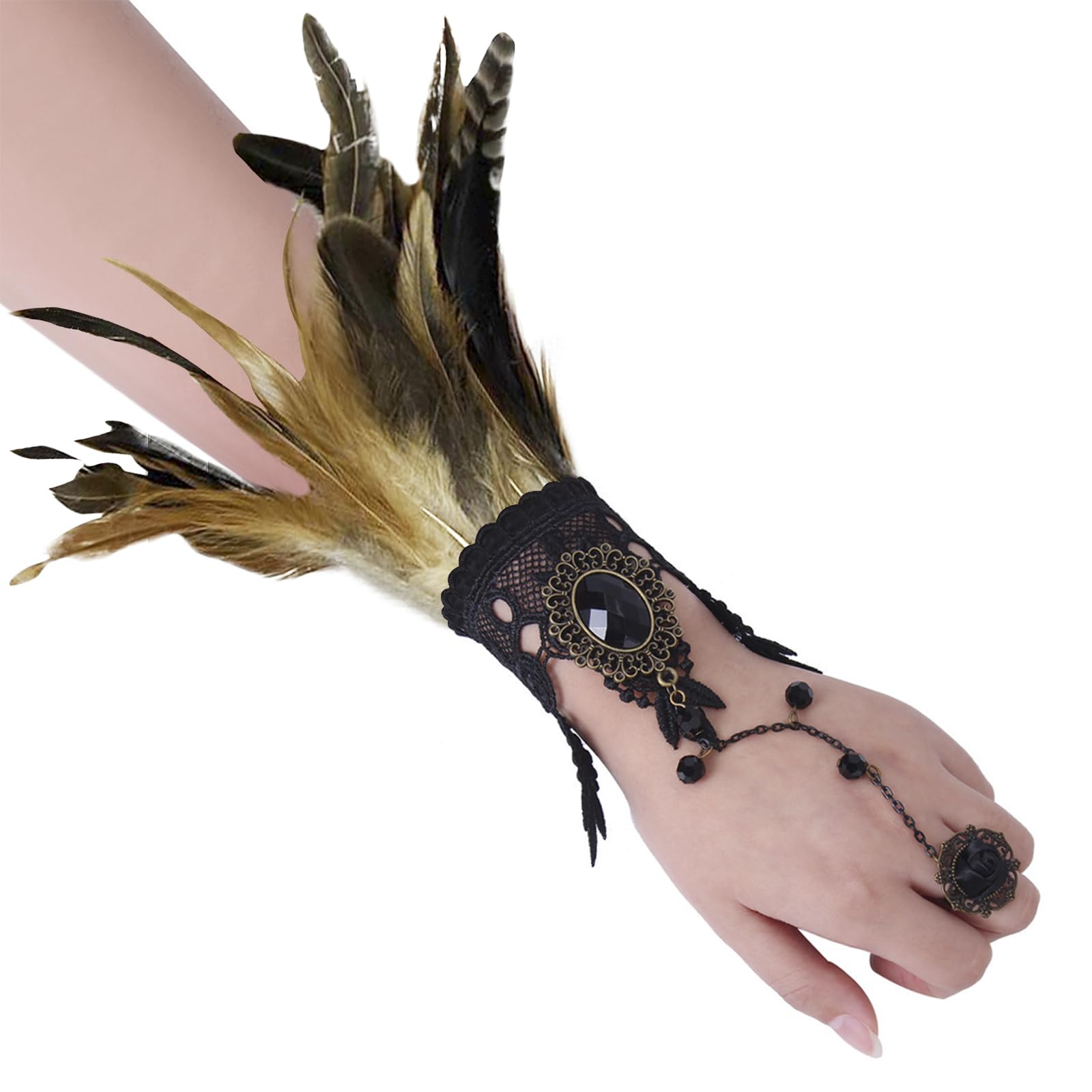 1 Pair Gothic Feather Wrist Cuffs Punk Carnival Dyed Rooster Feather Gloves Fancy Dress Cosplay Halloween Costume Witch Demon Crow Gloves