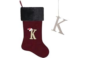 Yehnois 20 Inches Letter Embroidered Christmas Stocking,Personalized Burgundy Velvet Christmas Stocking,Holiday Season Decor and Xmas Gift（K）