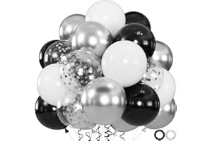 OWPFJG 60pcs Black White Silver Balloon Kit - 12" Metallic Silver Black & White Confetti Balloons for New Year Eve, Black Tie Wedding, Disco Birthday Decor