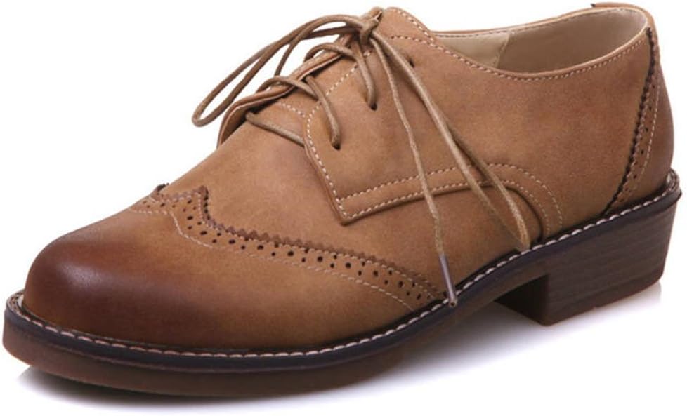 DoraTasia Women's Trendy Leather Perforated Wingtip Lace Up Low Heel Oxfords Vintage Brogues Shoes
