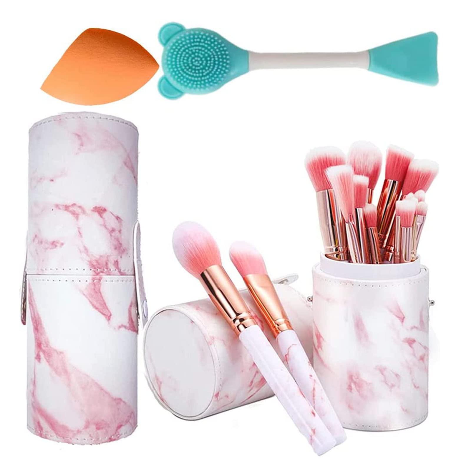 NEVSETPO Marble Pink Makeup Brushes, 17Pcs Make Up Brushes for Women Travel-Friendly Holder, Brushes & Sponges, Synthetic Eyeshadow Contour Make-up Gift Set for Teenage Girls Kids