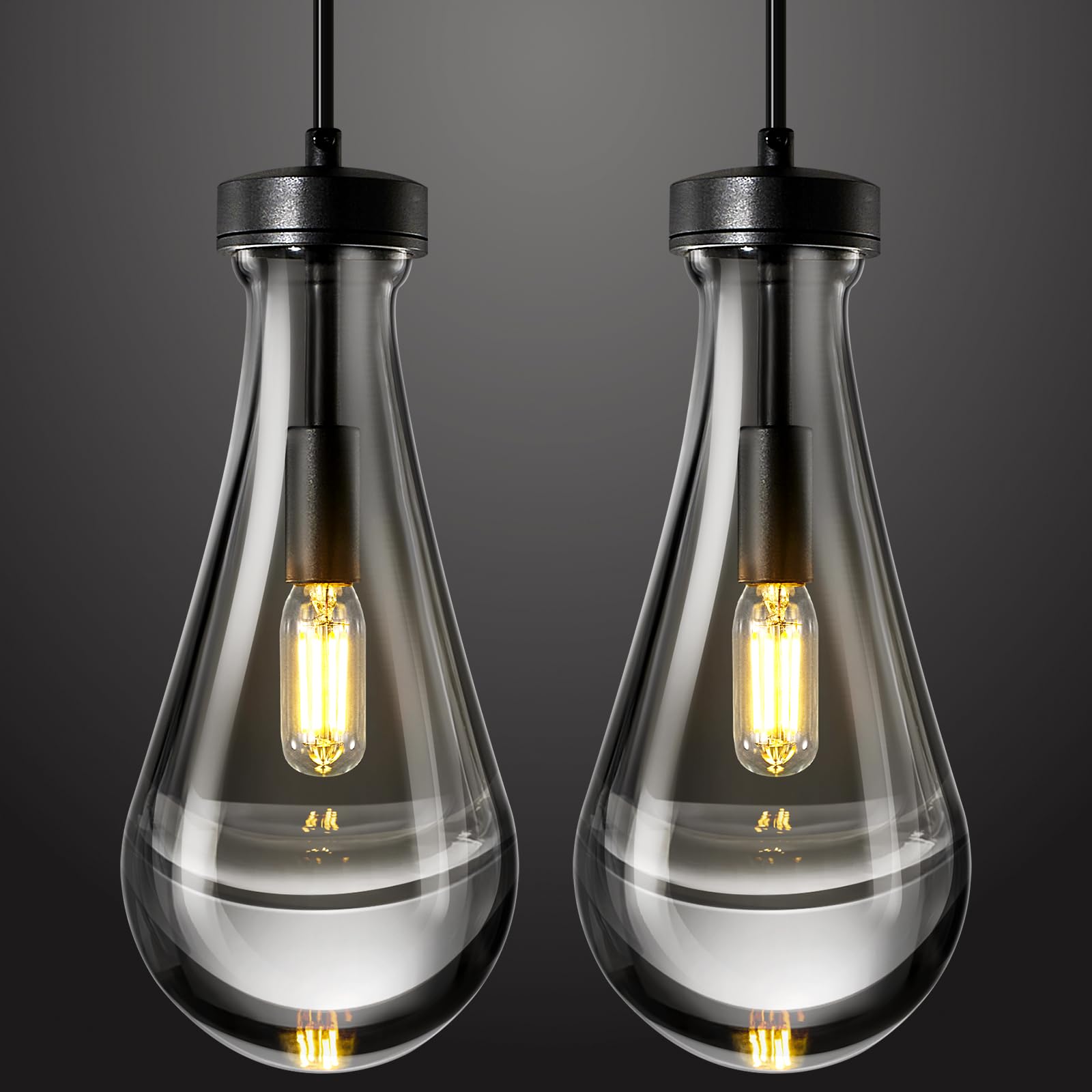 Photo 1 of LIANGMH Raindrop Pendant Lights Kitchen Island Set of 2 Teardrop Black Hanging Light Fixtures Clear Solid Glass Pendant Light Modern Chandeliers for Dining Room Porch Corridor Living Room…