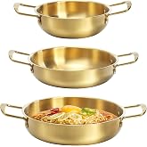 Okllen Set of 3 Korean Ramen Noodle Pot with Handles, Stainless Steel Everyday Pan, Golden Korean Cooking Pot for Soup, Noodle, Pasta, Home and Outdoor, Dishwasher Safe, Size 7", 8.7", 9.5"