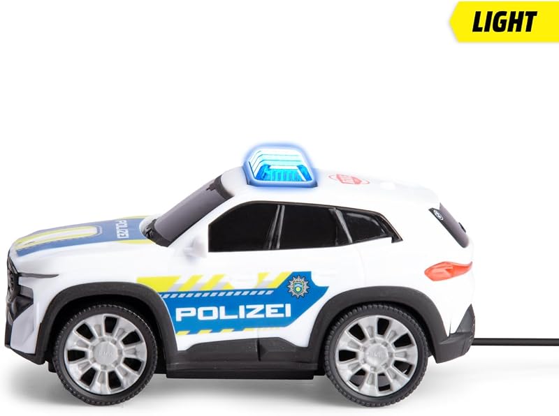 BMW XM Police Racer 1:36 13 cm, Voiture de Police télécommandée pour Enfants à partir de 3 Ans, télécommande par câble, lumière, Virage Avant Droit, Marche arrière, Fonction Try Me