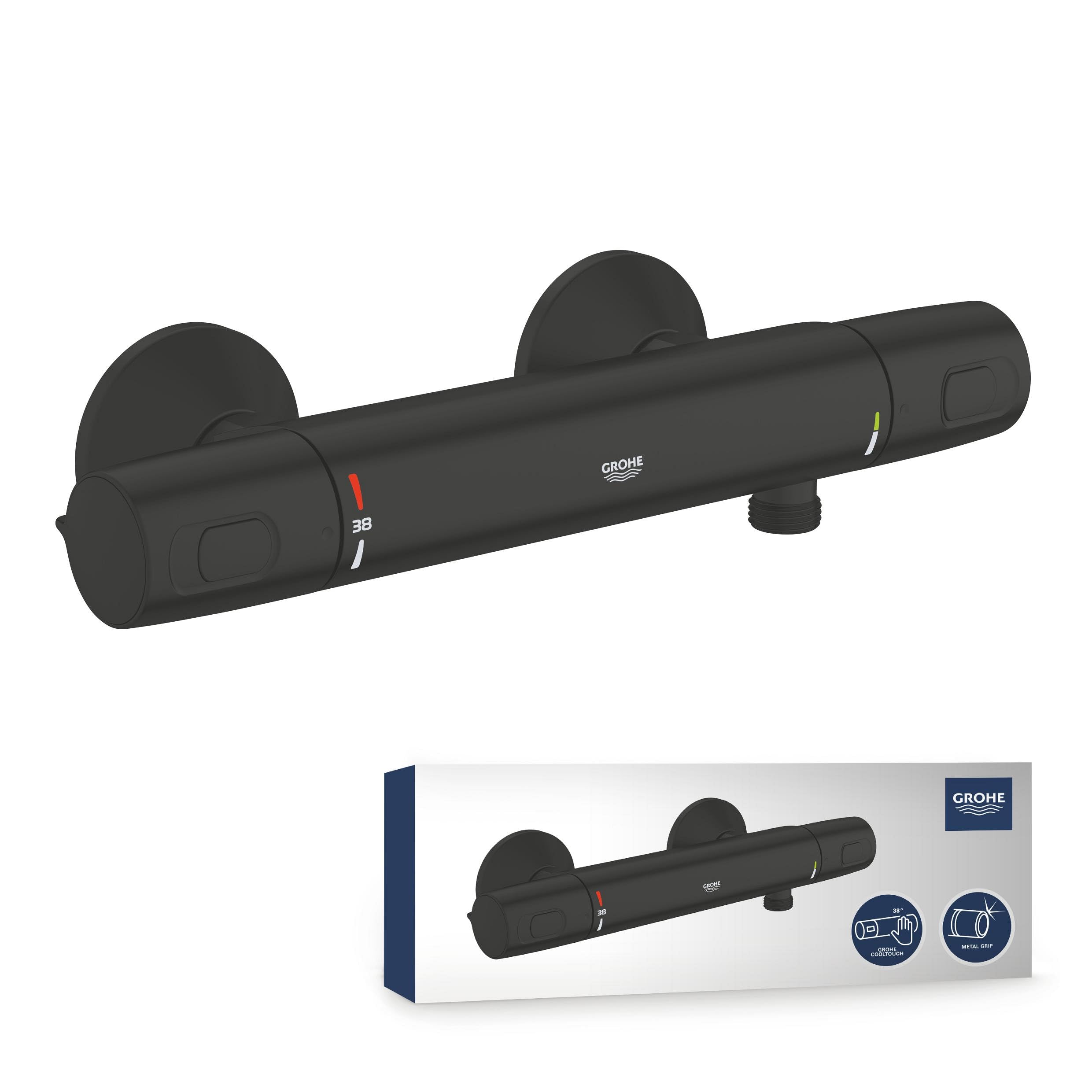 GROHE Precision Trend - Exposed Thermostatic Anti-Scald Shower Mixer (Wall-Mounted, Safety Functions, Water Saving, Cool Touch, Ergonomically Shaped Metal Handles), Matt Black. 1022172432