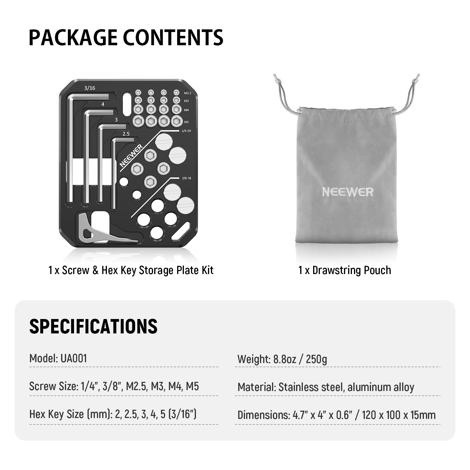 NEEWER Screws and Hex Keys Storage Plate Kit, 5 Hex Keys & 24 Stainless Steel Screws: 3/8