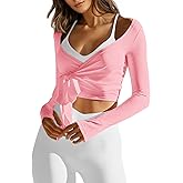 Fisoew Womens Wrap Tie Tops Long Sleeve Workout Crop Wrap Shirts Casual Lightweight Ballet Pilates Yoga Active Tops