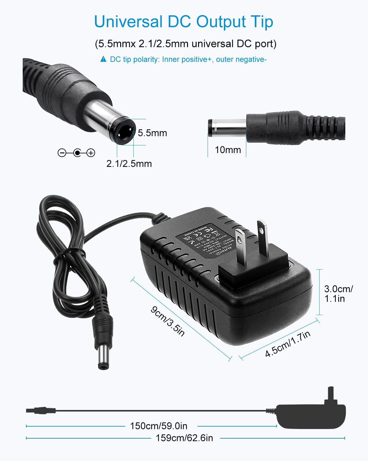 ALITOVE 24V 1A 24W DC Power Supply Adapter 100~240V AC to DC 24 Volt 1 Amp Converter 24 vdc 1000mA 800mA 600mA 400mA 200mA with 5.5mm x 2.5mm 2.1mm Plug for LED Strip Light CCTV Camera Fan