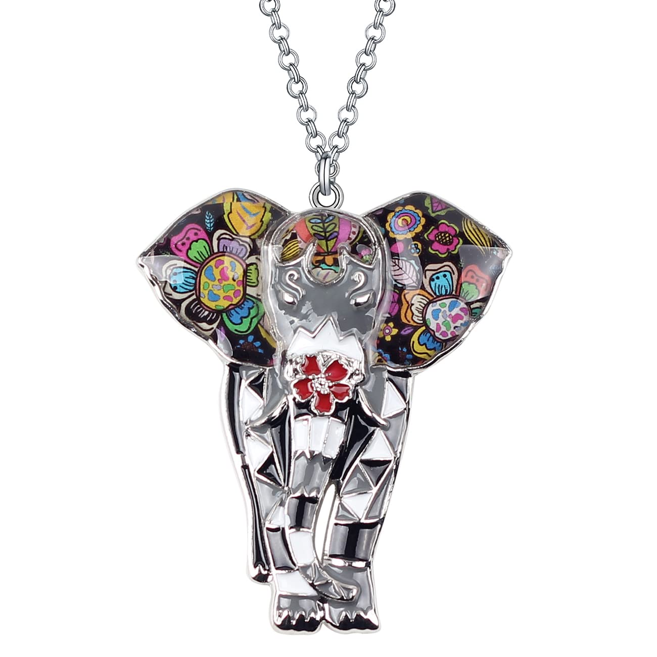 BONSNY Signature Africa Wildlife Collection SUNRISE Jungle Safari Wild Elephant Enamel Pendant Necklace (Grey)