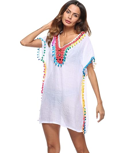 Robe De Plage Femme Boheme Courte Tunique Tenue Caftan De Plage Col En V Maillot De Bain Bikini Cover Up Kaftan Sortie De Plage Chemise Pareo Robes De
