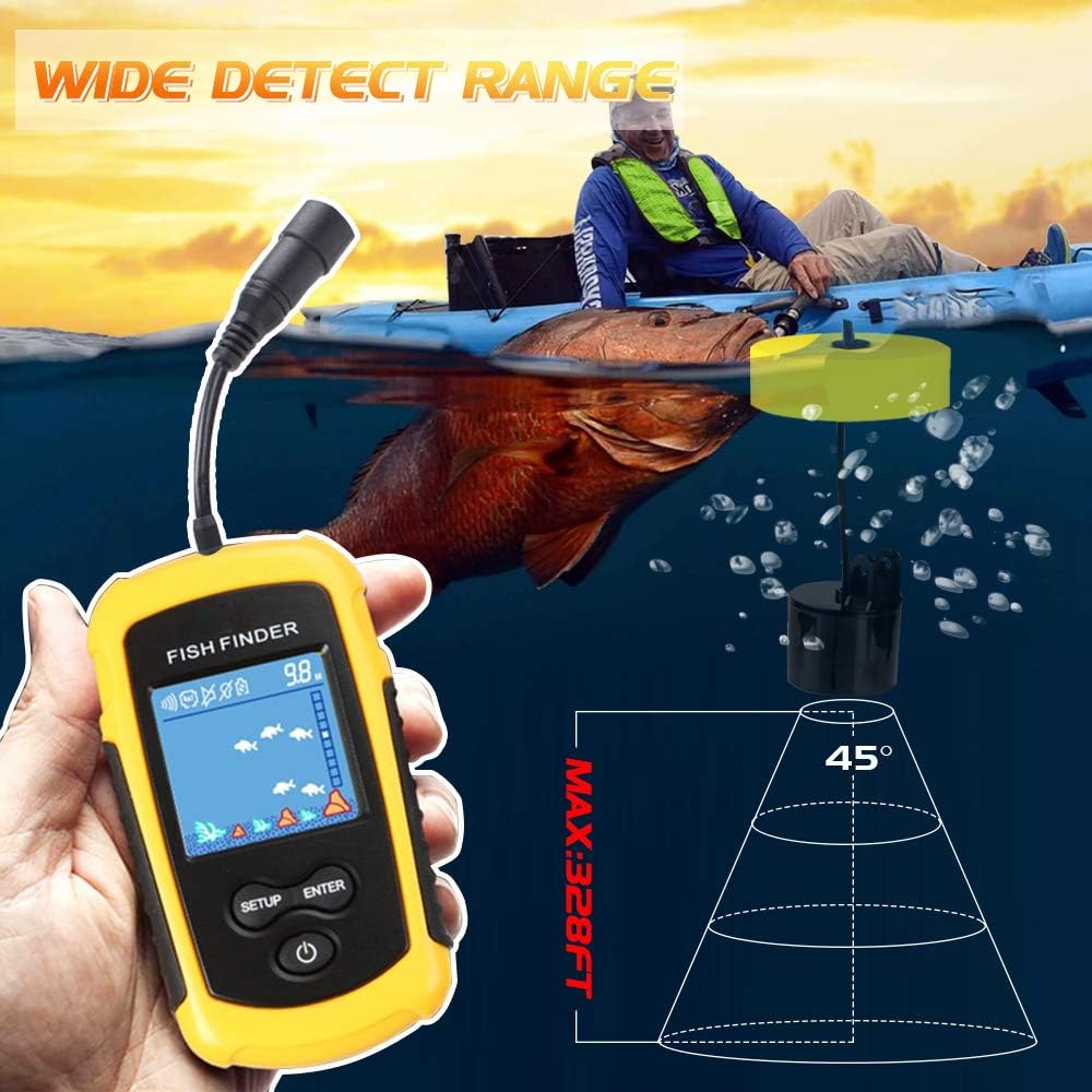Atibin Handheld Kayak Fish Depth Finder Portable Transducer Fish Finder Sonar Boat Dock Fish Finders Display Water Fishing Yellow: GPS & Navigation
