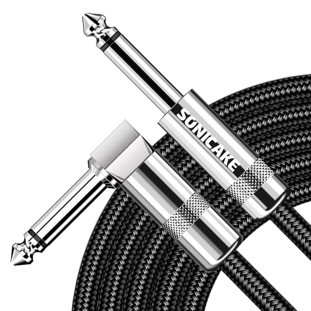 SONICAKE Braided Guitar Cable 6m/20ft Guitar Instrument Cable 6.35mm 1/4" Right Angle to Straight Black