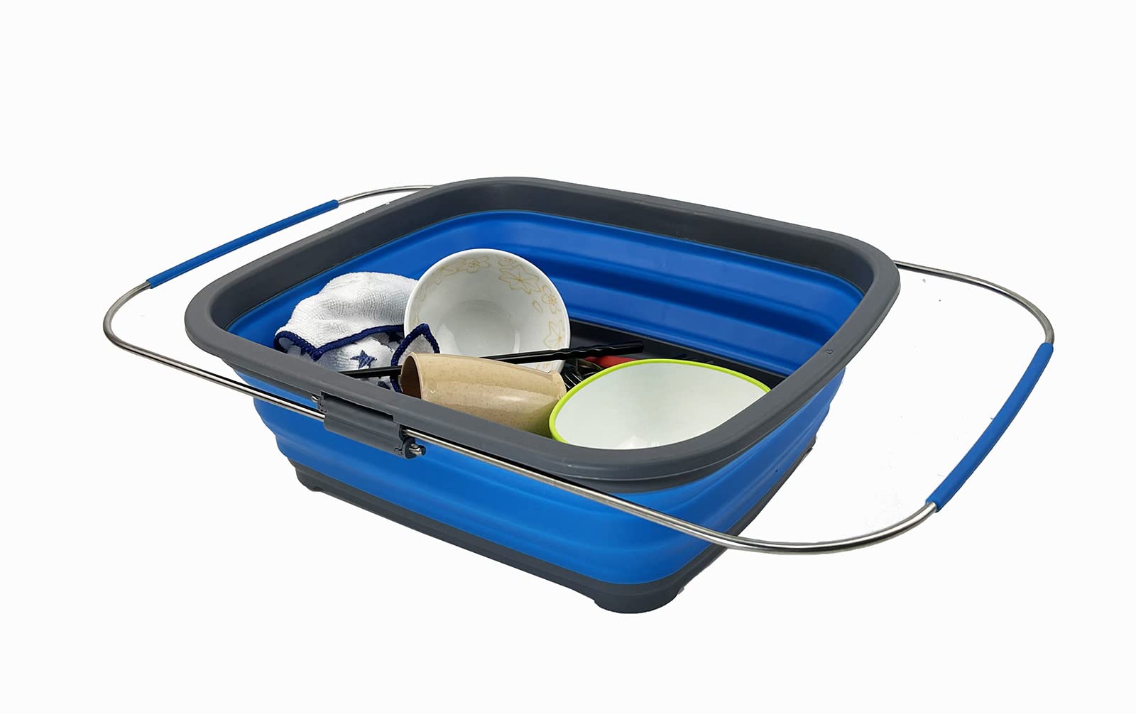 SAMMART - 8 Litres Expandable & Collapsible Dish Drainer - Foldable Drying Rack - Portable Drainer - Space Saving (Grey/Blue, 1)