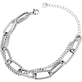 Loqimu Vintage Double Layer Chunky Bracelet Gold Titanium Steel Paper Clip Chain Link Bracelet for Women Teen Girls Fashionable Statement Wrist Jewelry