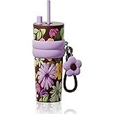 SDGA+ 24 oz Insulated Tumbler witn Lid and Straw Stainless Steel, Insulated Reusable Leak Proof Water Bottle with Strap, Floral Brown