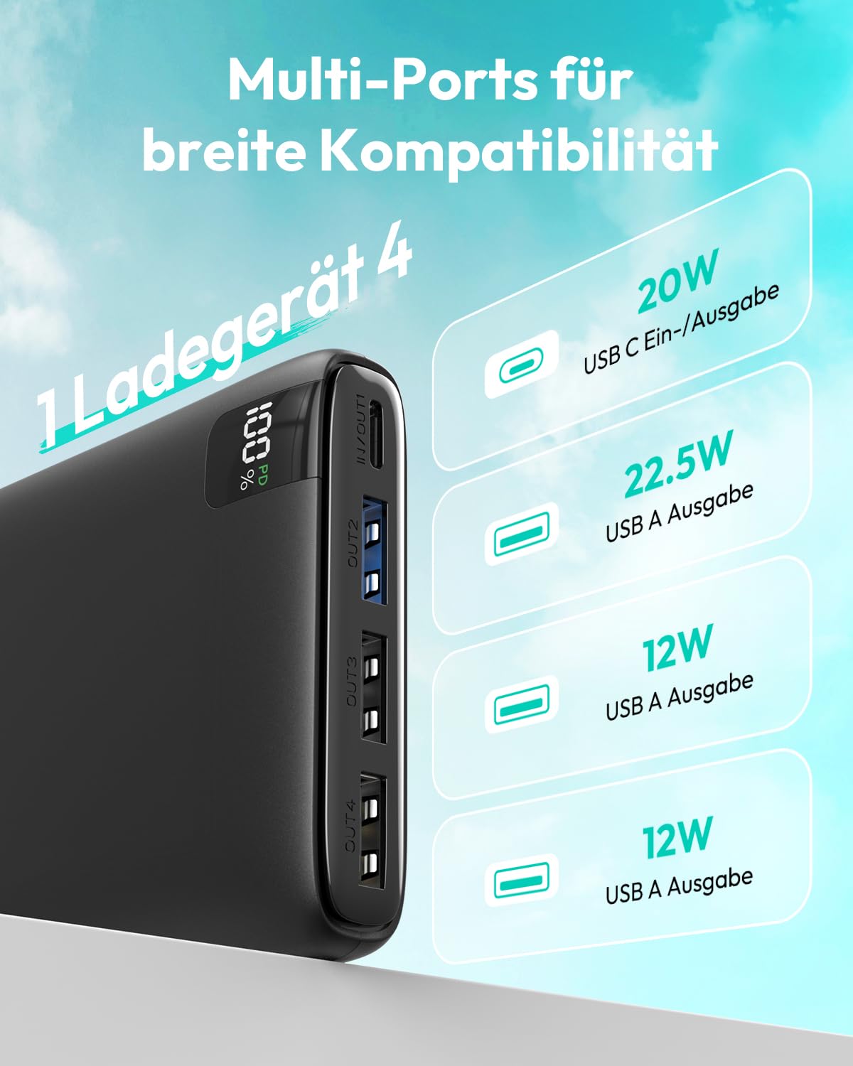 A ADDTOP Power Bank 20000mAh - 22,5W Schnellladefunktion Powerbank mit 4 Ausgängen, Externe Handyakkus PD3.0 QC4.0 USB C-EIN/Ausg, Klein Tragbares Ladegerät für iPhone, Galaxy, Tablette,etc 7