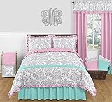Skylar Turquoise Blue, Pink Polka Dot and Gray Damask 3 Piece Girls Full / Queen Bedding Set