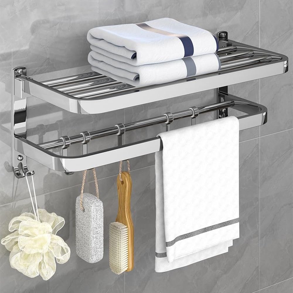 HONPHIER Towel Rail Wall Mounted 2-Tier Foldable Towel Holder Bath Towel Rack With Activity 5 Hooks SUS 304 Stainless Steel Towel Shelves Towel Rail for Bathroom, Kitchen, Hotel