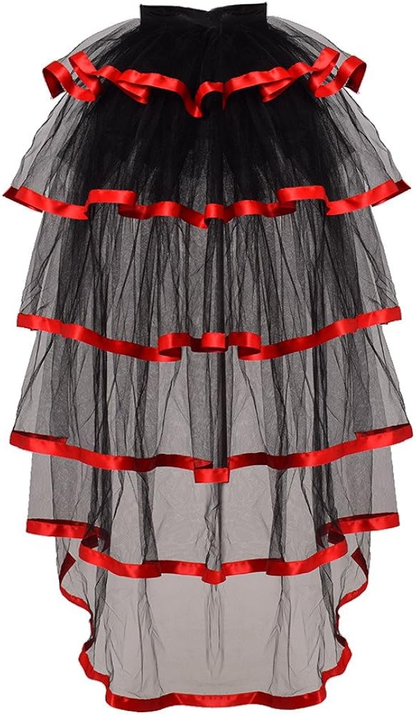 GRACEART Victorian Steampunk Tulle Bustle Vintage Tutu Belt Lace Underskirt Neo-Gothic Costume, Red Hem