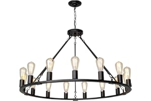 Senyshilon Wagon Wheel Chandelier 15-Light Farmhouse Chandelier, Dia 40'' Black Modern Chandeliers for Dining Room, Industrial Dining Room Light Fixture for Kitchen Island Living Room Foyer