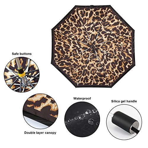Kobold Silica Gel Handle Leopard Pattern Double Layers Canopy Parasol Umbrella Windproof Travel Compact UV Protection Umbrellas for Women Lightweight